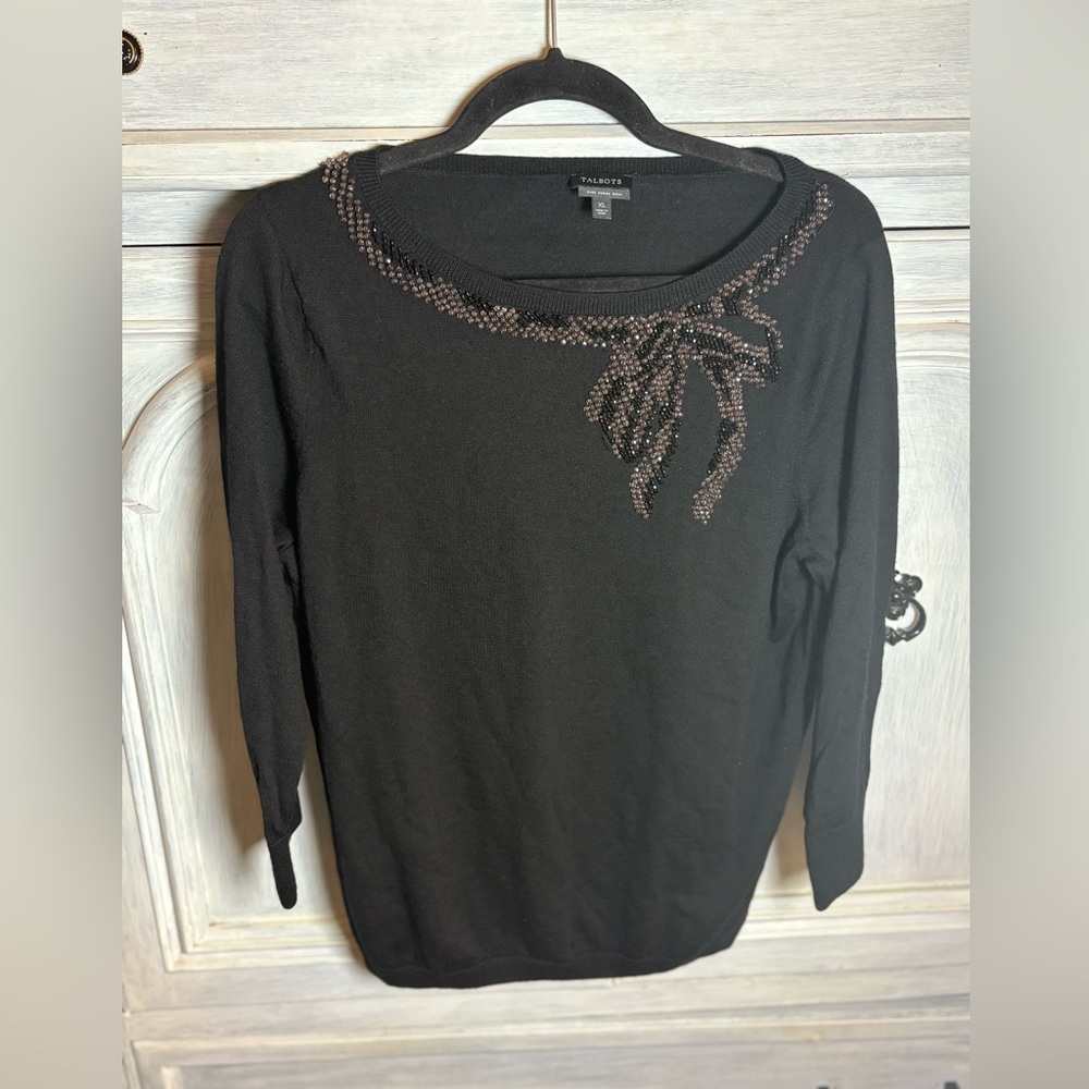 Talbots Black Merino Wool Boatneck  Beaded‎ Bow Sweater Classic Elegant